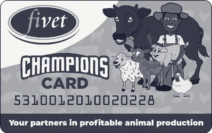 Fivet Champions loyalty card with illustrated livestock and printed card number
